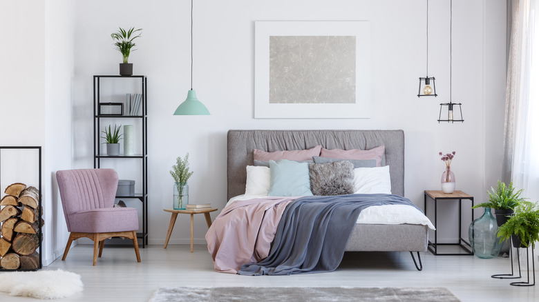 White bedroom pink and gray