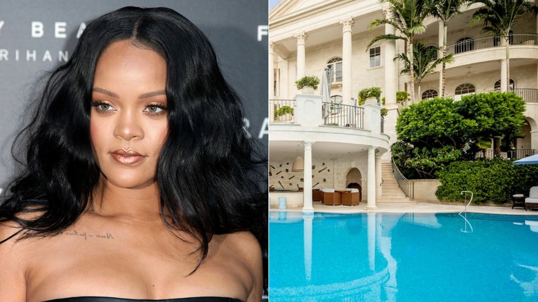 Rihanna in black leather dress and beach house