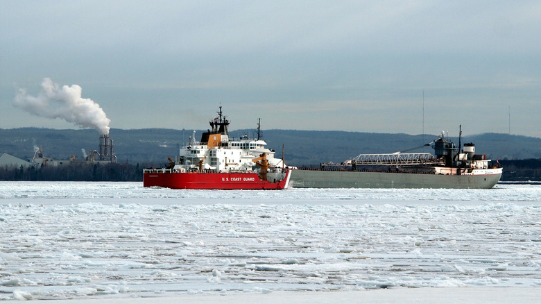 Coast Guard ship near frozen Soo Locks