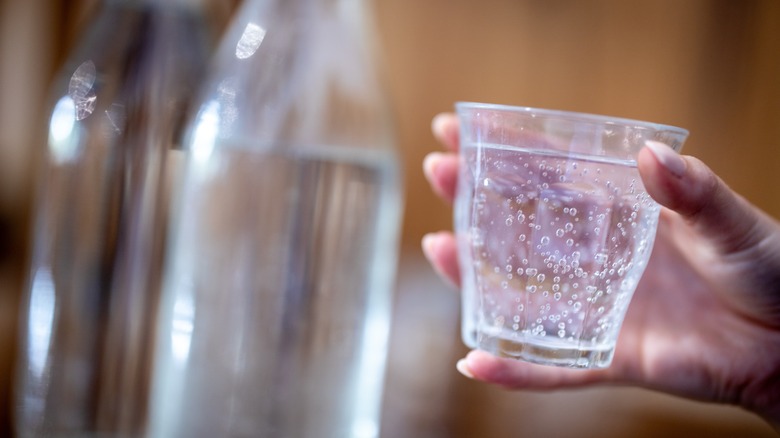 Person holding glass of club soda