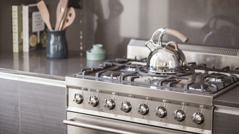 Metal tea kettle on stainless steel stove