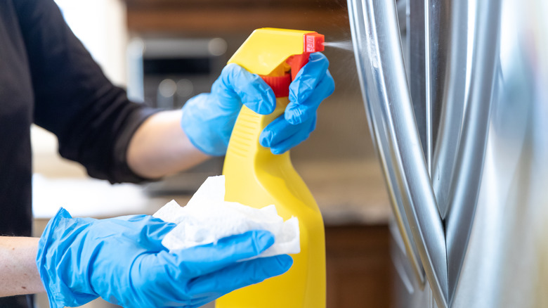 Person spraying stainless steel refrigerator with cleaner