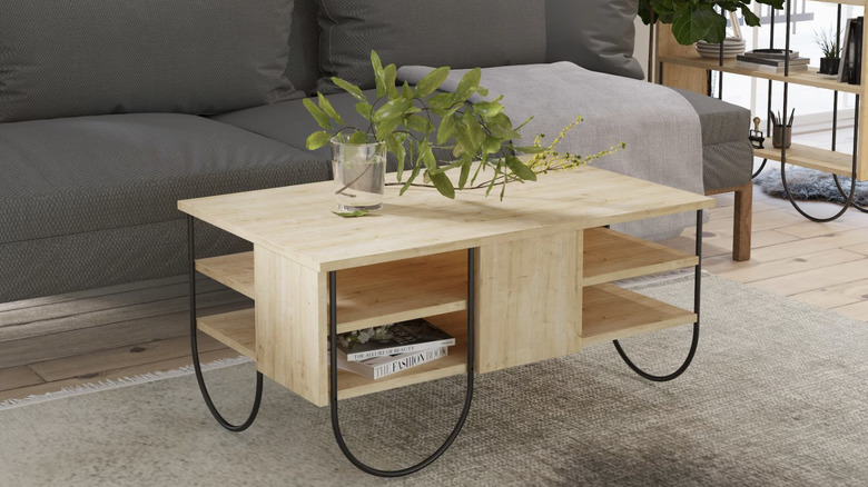 wooden coffee table with plants