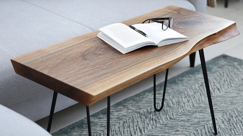 live wood table with journal