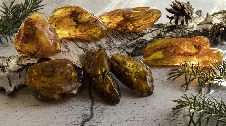 display of amber stones