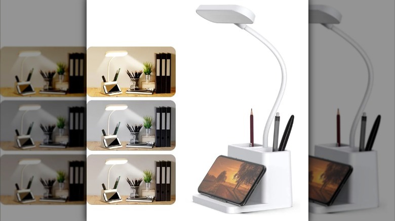 white lamp with phone stand