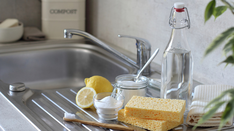 vinegar and miscellaenous cleaning ingredients sitting beside metal sink