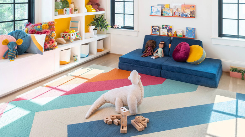 geometric nylon carpet with childrens toys