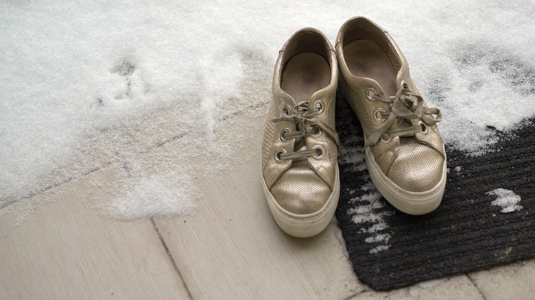 gold sneakers on snowy door mat