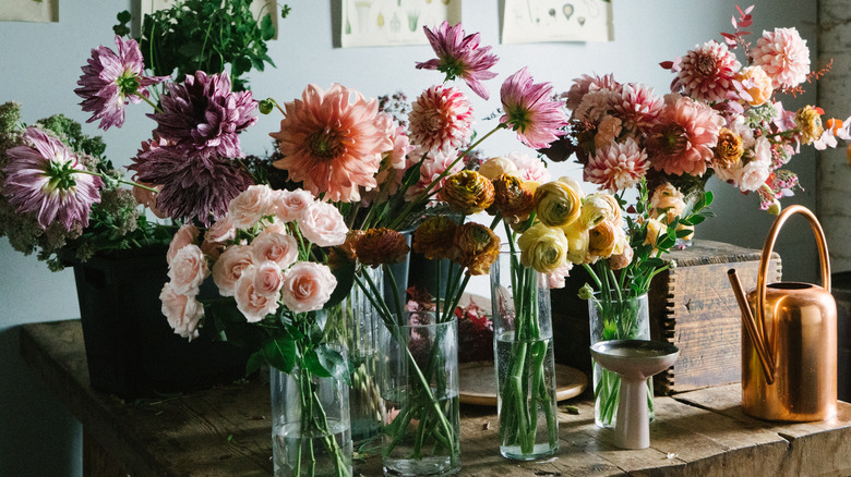 different flowers in vases