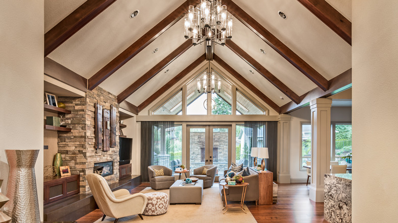 vaulted ceiling with wood beams