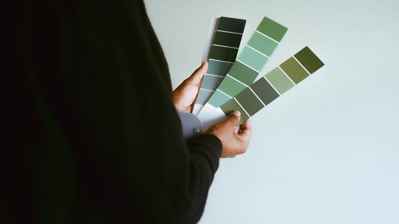 A person holding green paint chips