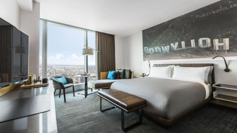 sleek hotel room with Hollywood sign