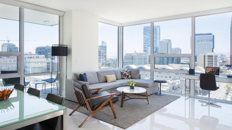 sleek living area with huge windows
