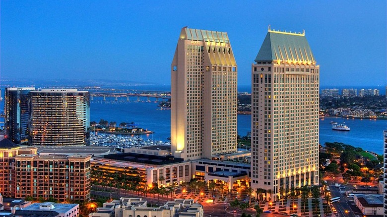 aerial view of towering hotel