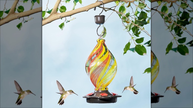 Hand blown glass hummingbird feeder