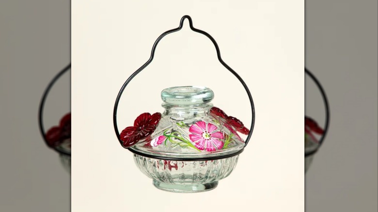 Glass floral hummingbird feeder