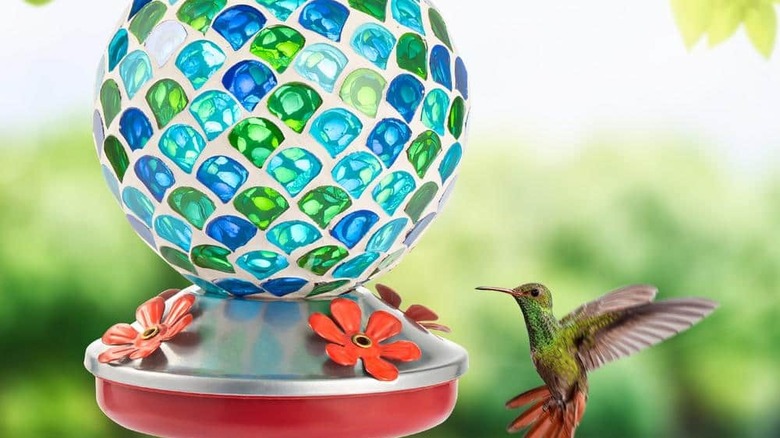 Blue-green glass mosaic feeder