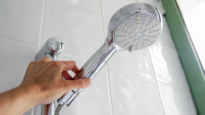 A person holds a chrome shower head