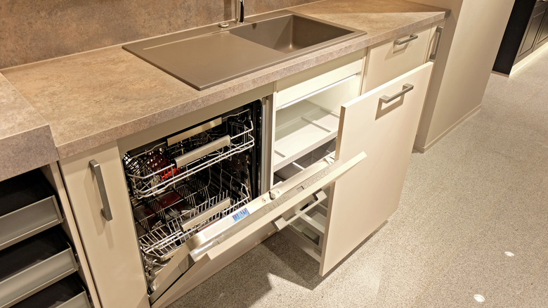 integrated dishwasher and pull out bin in kitchen