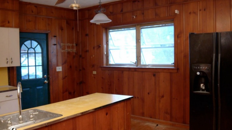 Wood-paneled kitchen