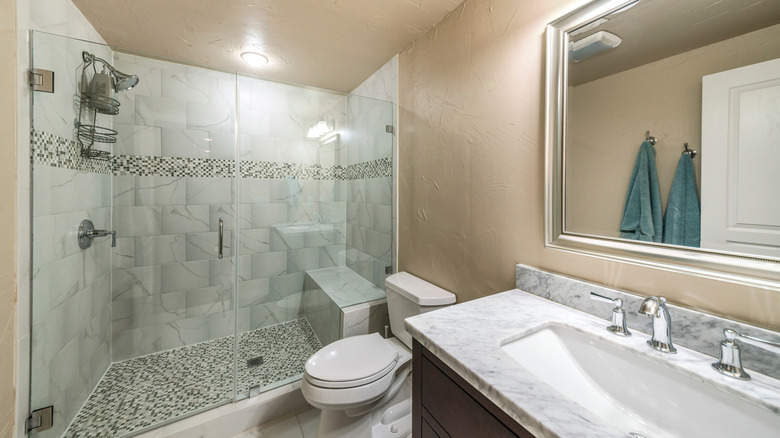 Windowless bathroom with walk-in shower and marble vanity