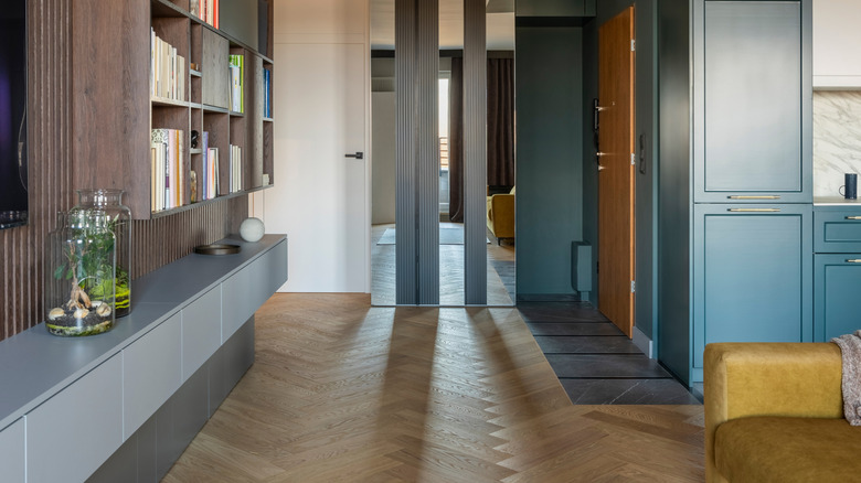 Herringbone flooring in a living room