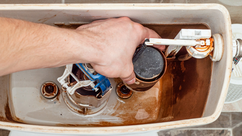 person installing new toilet fill valve