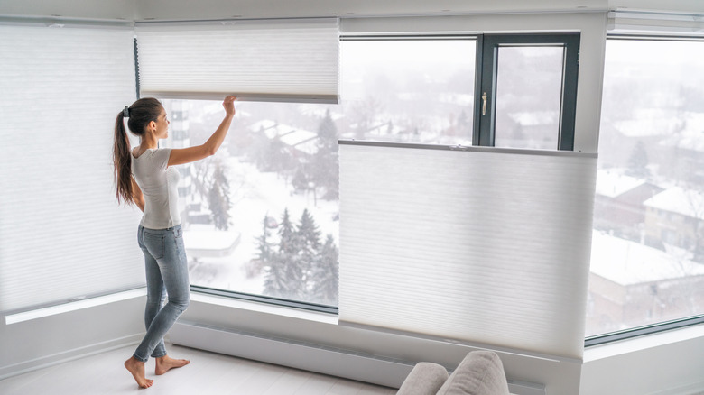 A woman adjusting cellular shades on large windows