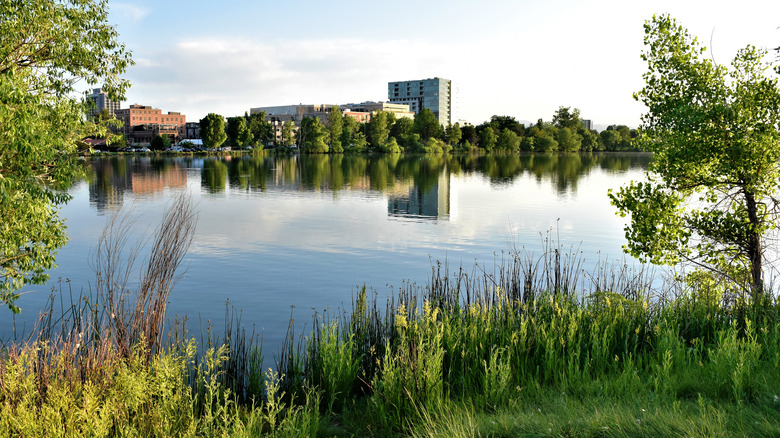 View of Sloan Lake buildings