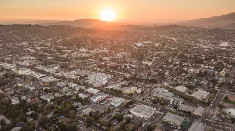 aerial view of highland park at sunset