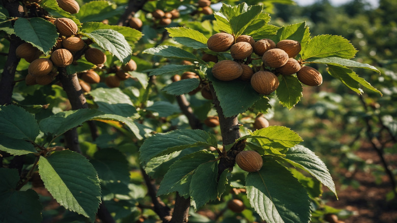 The hazelnut tree, also known as Corylus avellana, is a deciduous shrub or small tree known for its rounded leaves and attractive catkins. It produces edible nuts enclosed in a husk