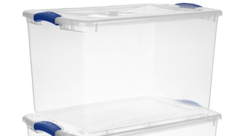 clear bins with blue clasps