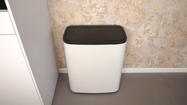 Trash can in kitchen corner