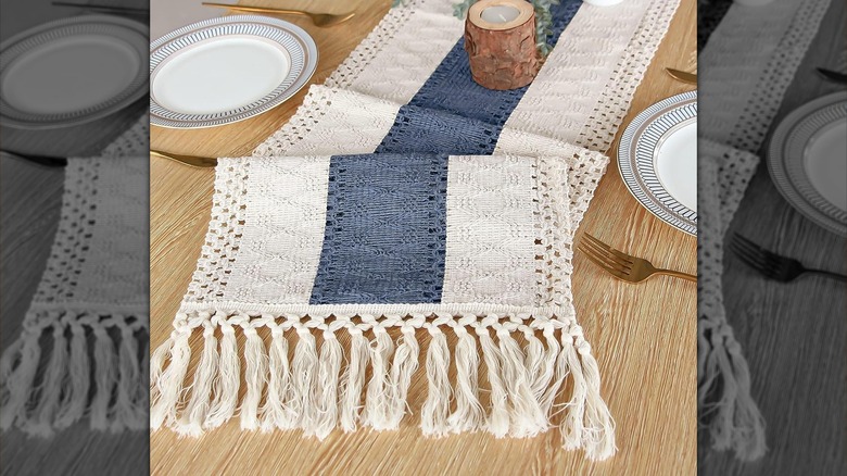 Folded white and blue table runner