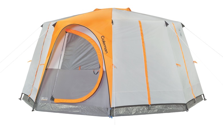 light grey and orange tent 