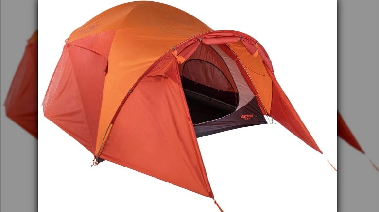 orange and open Marmot tent