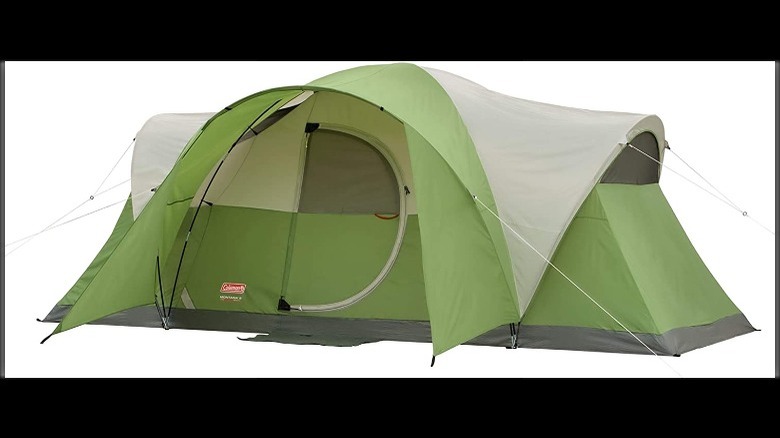 green tent with hooks