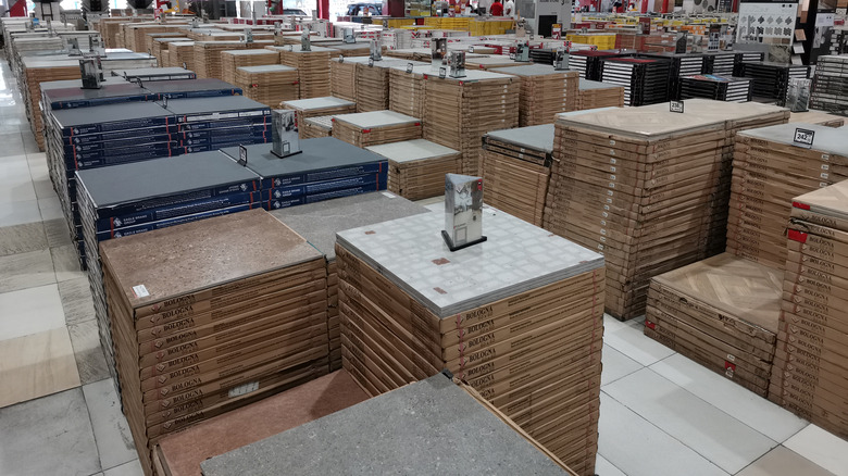 stacks of tile flooring at a large store