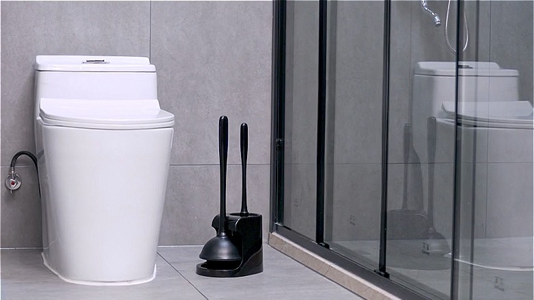 black plunger holder near toilet