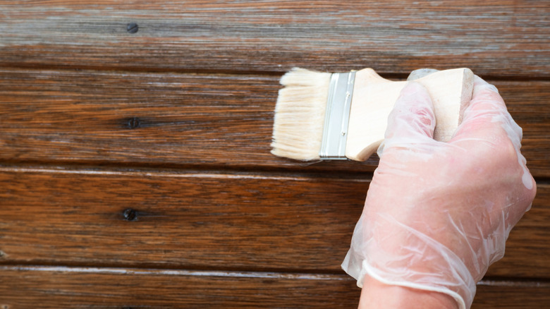 Person applying wood stain with brush