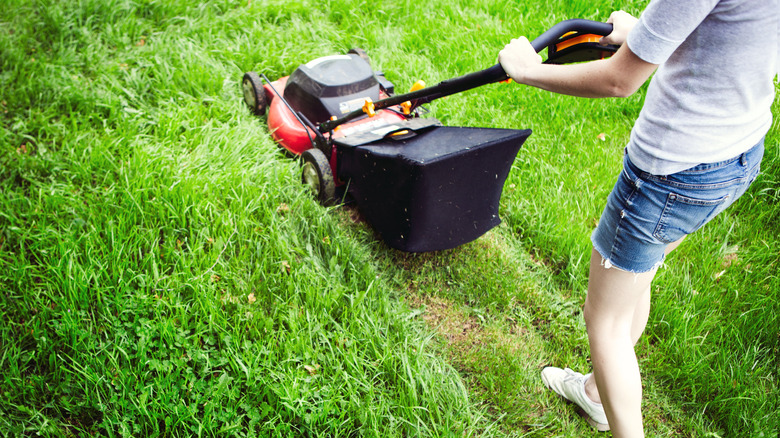 person pushing mower uphill