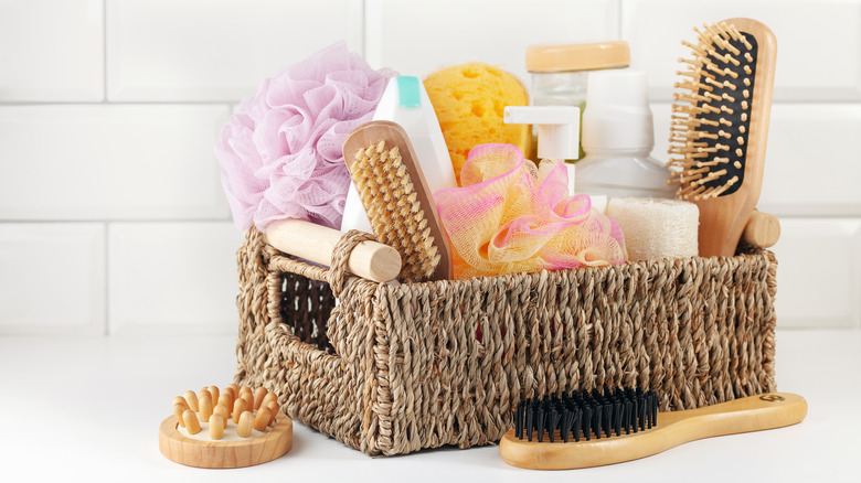 Basket with bathroom essentials