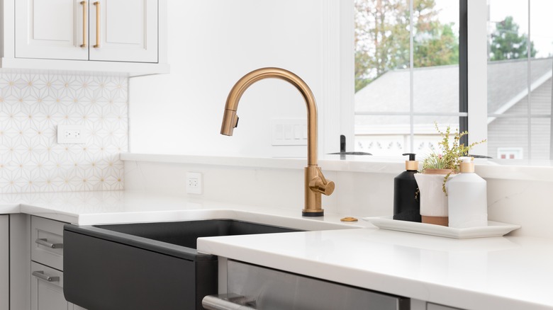 Black butler sink with brass faucet