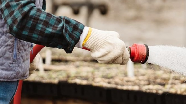 Person holding orange hose with gloved hand