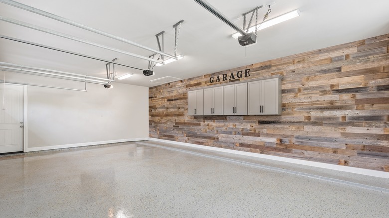 Empty garage with epoxy flake floor