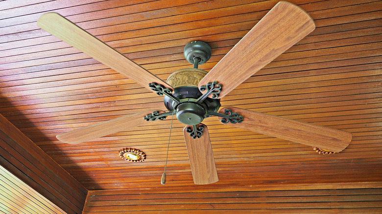 Teak ceiling with fan