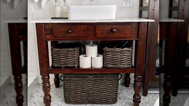 Dark wood bathroom vanity