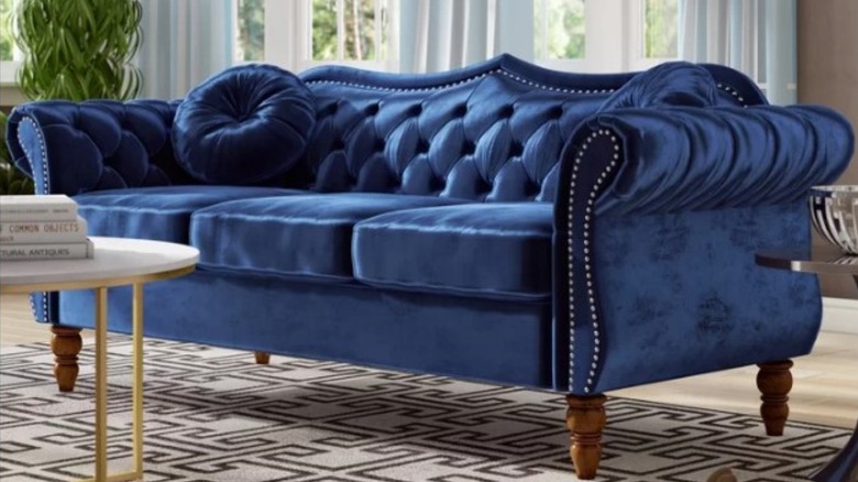 blue tufted velvet sofa 