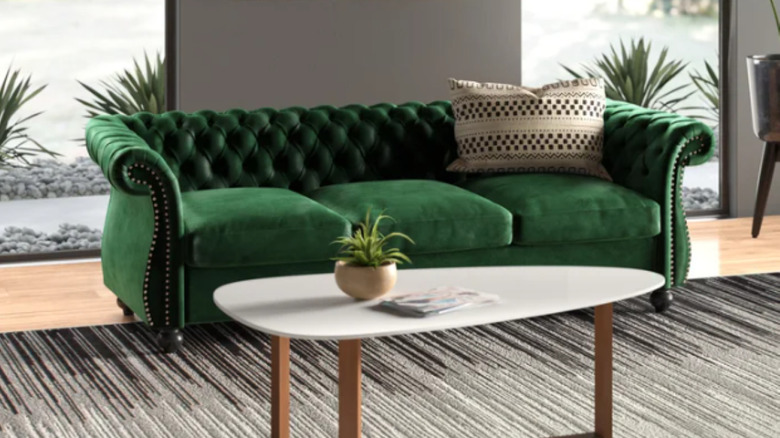 green velvet sofa in home